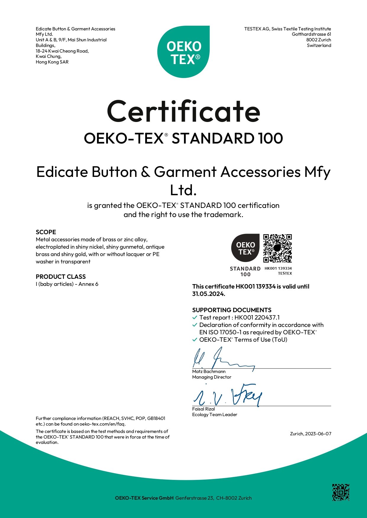 OEKO-TEX Standard 100 Cert 139334 - EDICATE
